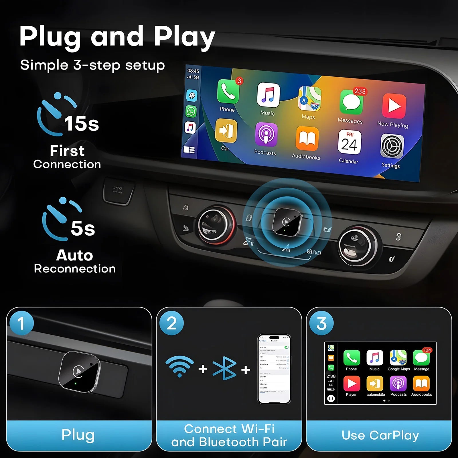 2026 Upgraded 2-in-1 Wireless CarPlay & Android Auto Adapter, Type-C Port | Wired to Wireless Dongle | Plug & Play